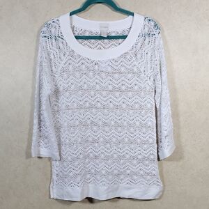 12515 Chico's Optic White Crochet Leighanne Lace 3/4 sleeve blouse 1 M NWT